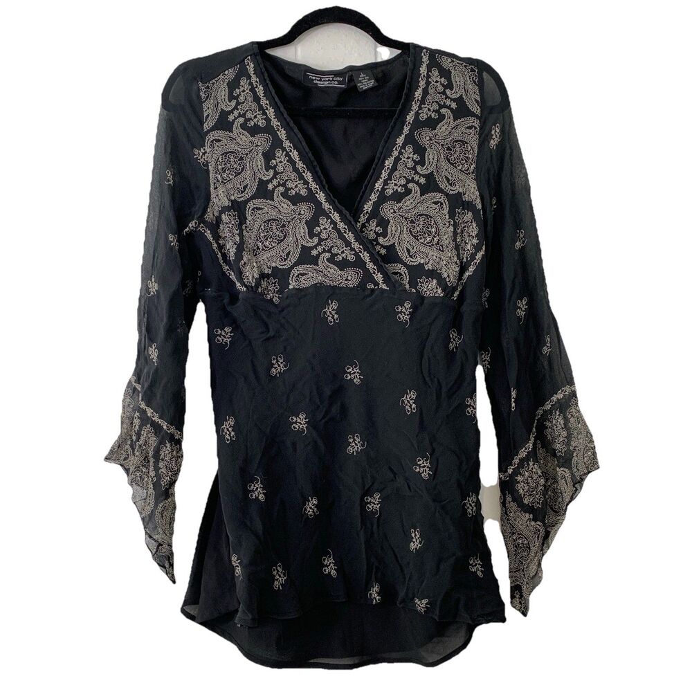Vtg New York Design Womens Large Shirt 100% Silk Black Whimsy Goth Dark Romantic